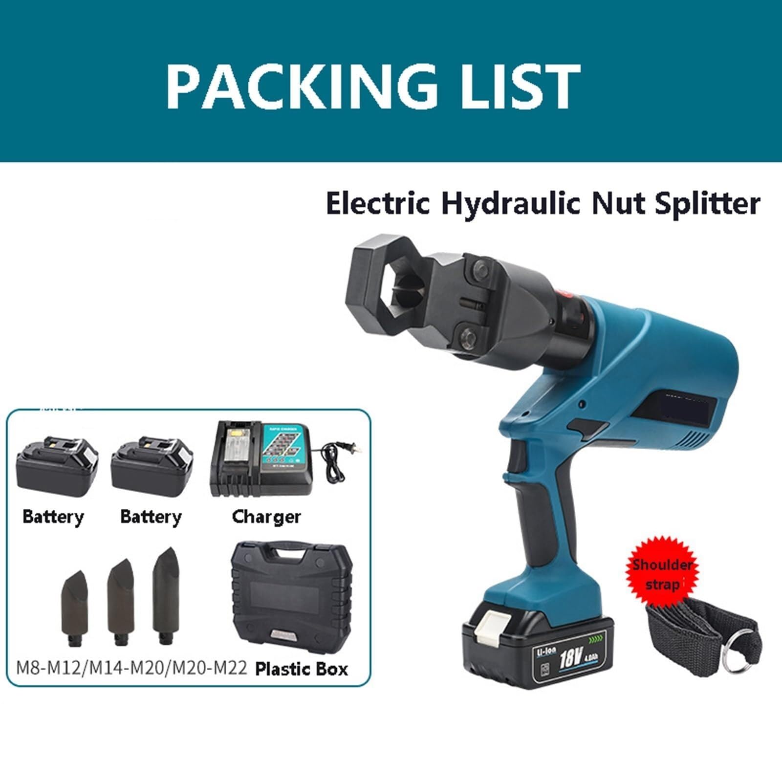 Kit portátil de separador de tuercas hidrá eléctrico con cabezal giratorio de 180° y estuche de plástico.