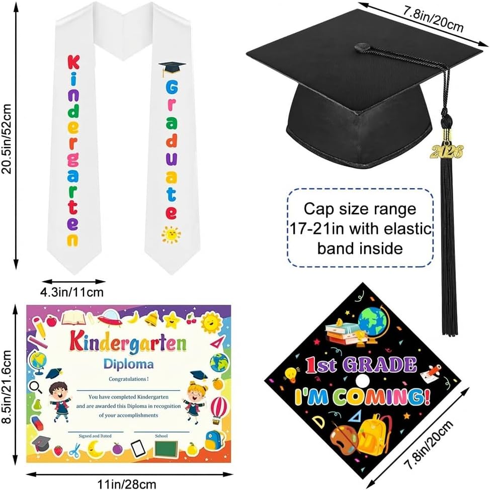 seewavom 2026 Kindergarten Graduation Cap Gown Stole Set With Tassel for Kids Graduation Gifts