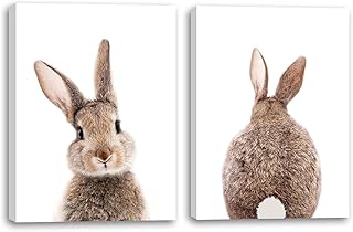 Mokihidream Nursery Wall Art Bunny Rabbit Canvas Print Wall Decor Woodland Animal Posters Kids Room Set of 2 Bedroom Decoration Bunny Rabbit Pictures Framed Wall Art