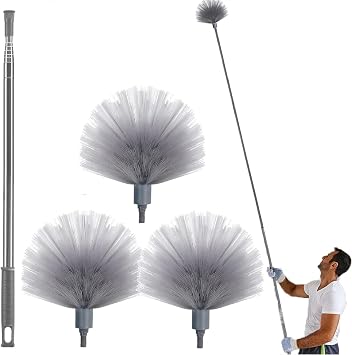 Cobweb Duster with Extension Pole & 3 Clean Head, Medium Stiff Bristles Cobweb Duster Head & 1.8 to 7.2-Feet Scalable Stainless Steel Pole Ceiling Fan Duster for Outdoor Indoor Cleaning