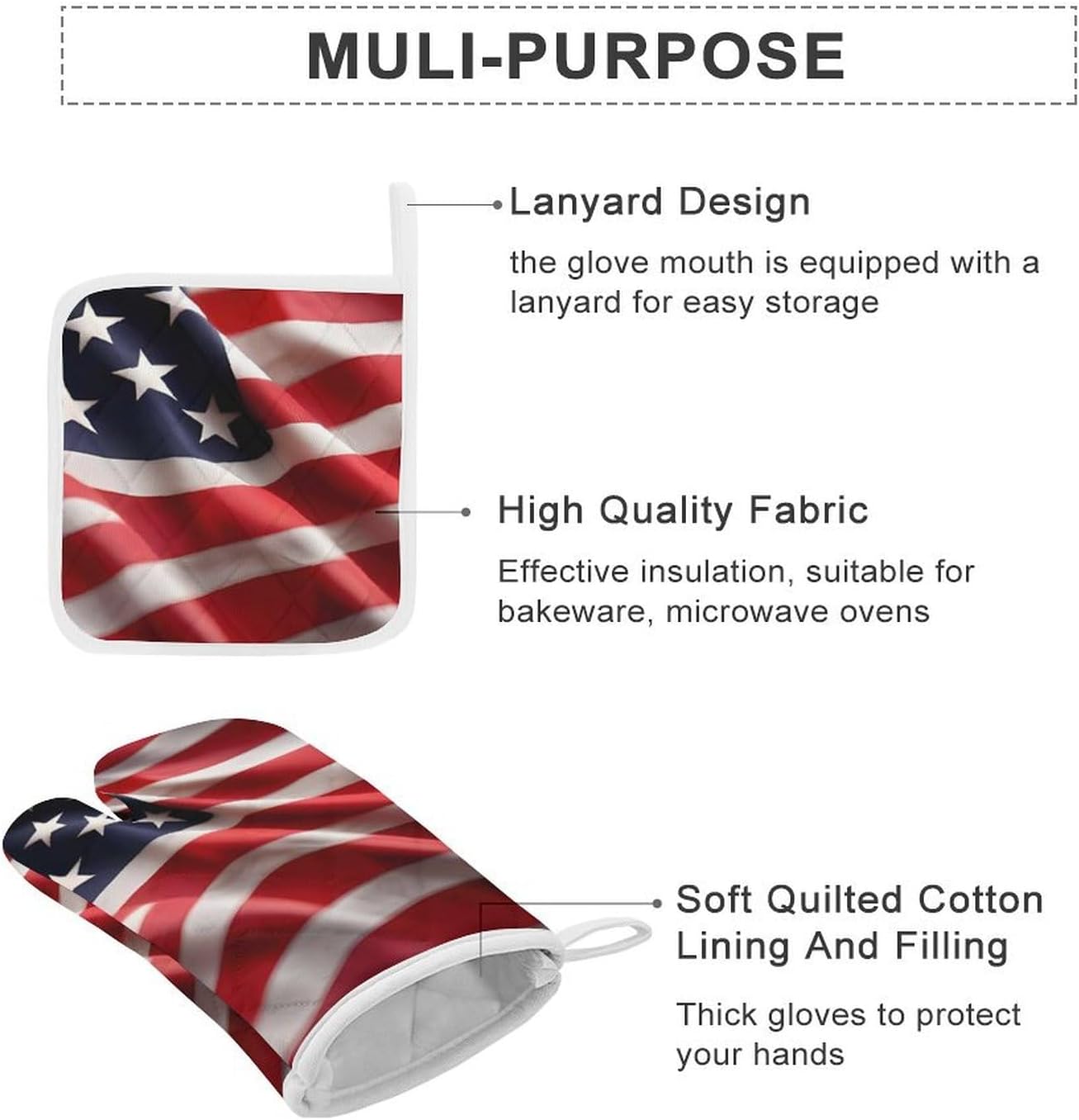 Oven Mitts Pot Holders Kitchen American Flag Heat Resistant Oven Glove for Baking and Cooking