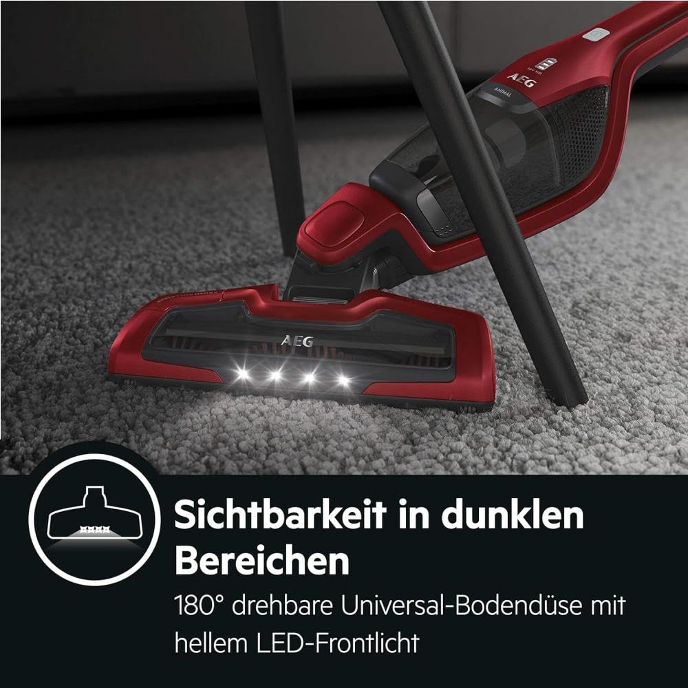 AEG Ergorapido 2in1 Akku Staubsauger, Beutellos, inkl. Tierhaardüse, ETM Testsieger, bis zu 45Min Laufzeit, Freistehend, 180° Drehgelenk, Bürstenreinigungsfunktion, LED-Frontlichter, Rot, CX7-2-45AN