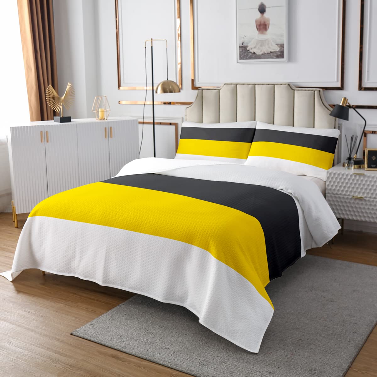 Geometric Patchwork Kids Bedspread Queen Size,Abstract Stripes Art Style Coverlet Set,Girls Boys Adults Room Decor,Yellow Black Grey Geometry Quilted Coverlet,Fashion Bedding Quilt,2 Pillowcases