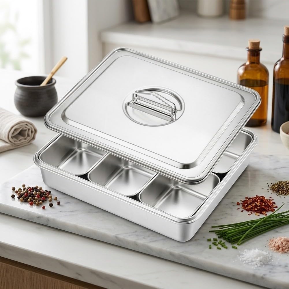 Scatola per condimenti in acciaio inossidabile con vassoi staccabili per spezie condimenti cibo secco forniture armadio forniture argento 43,5 cm