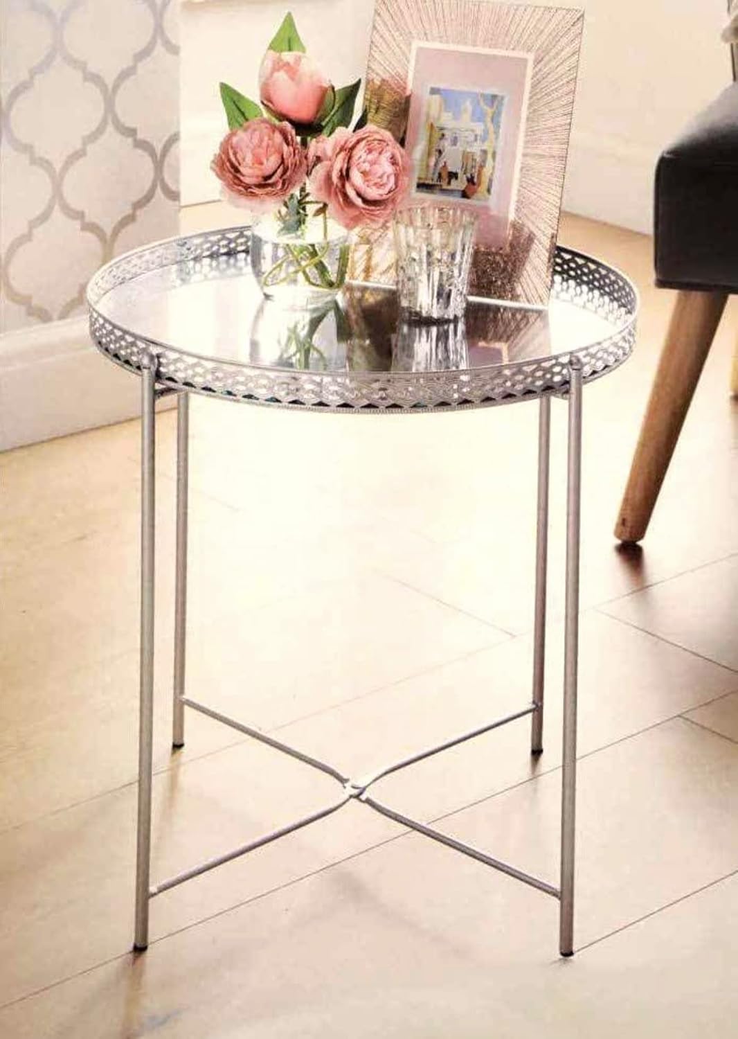 UK HOME BARGAINS Silver Tray Table With Mirrored Glass Top Coffee Table