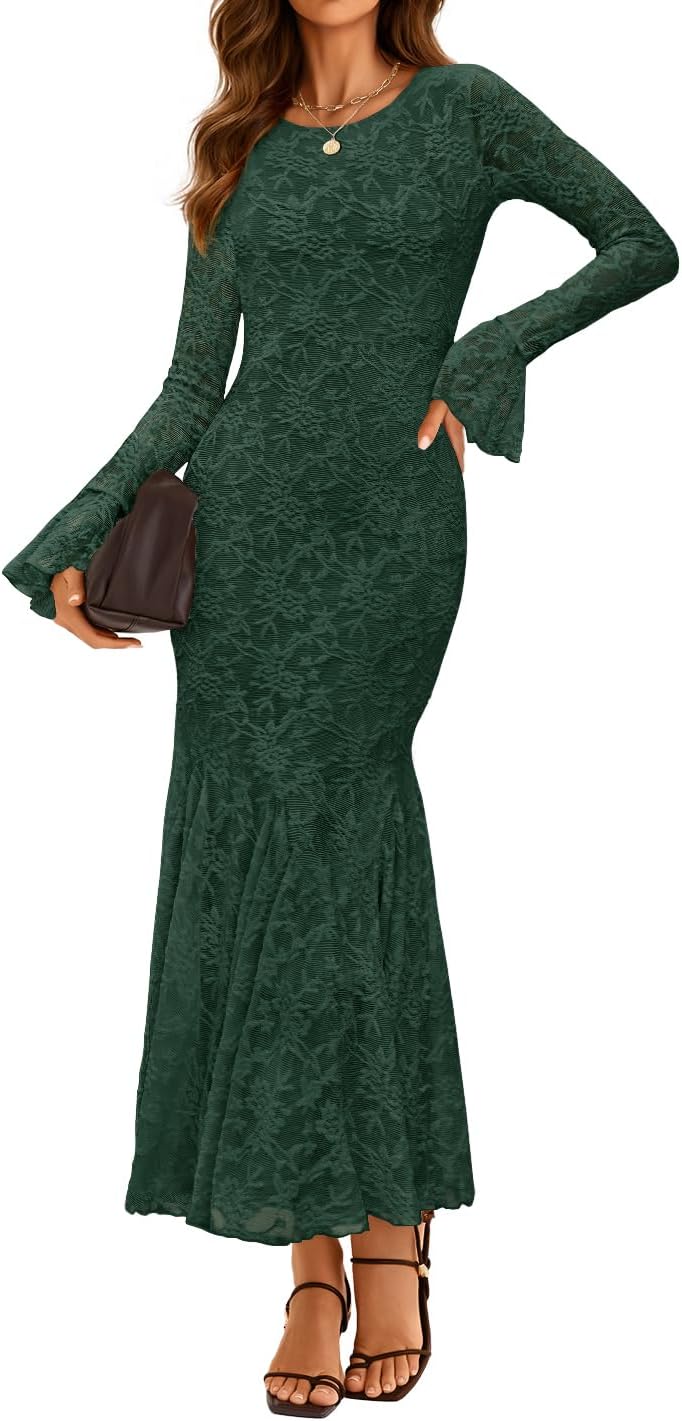 ZESICA Women's Long Sleeve Bodycon Maxi Dress 2026 Fall Fashion Floral Sexy Mermaid Wedding Guest Cocktail Party Dresses