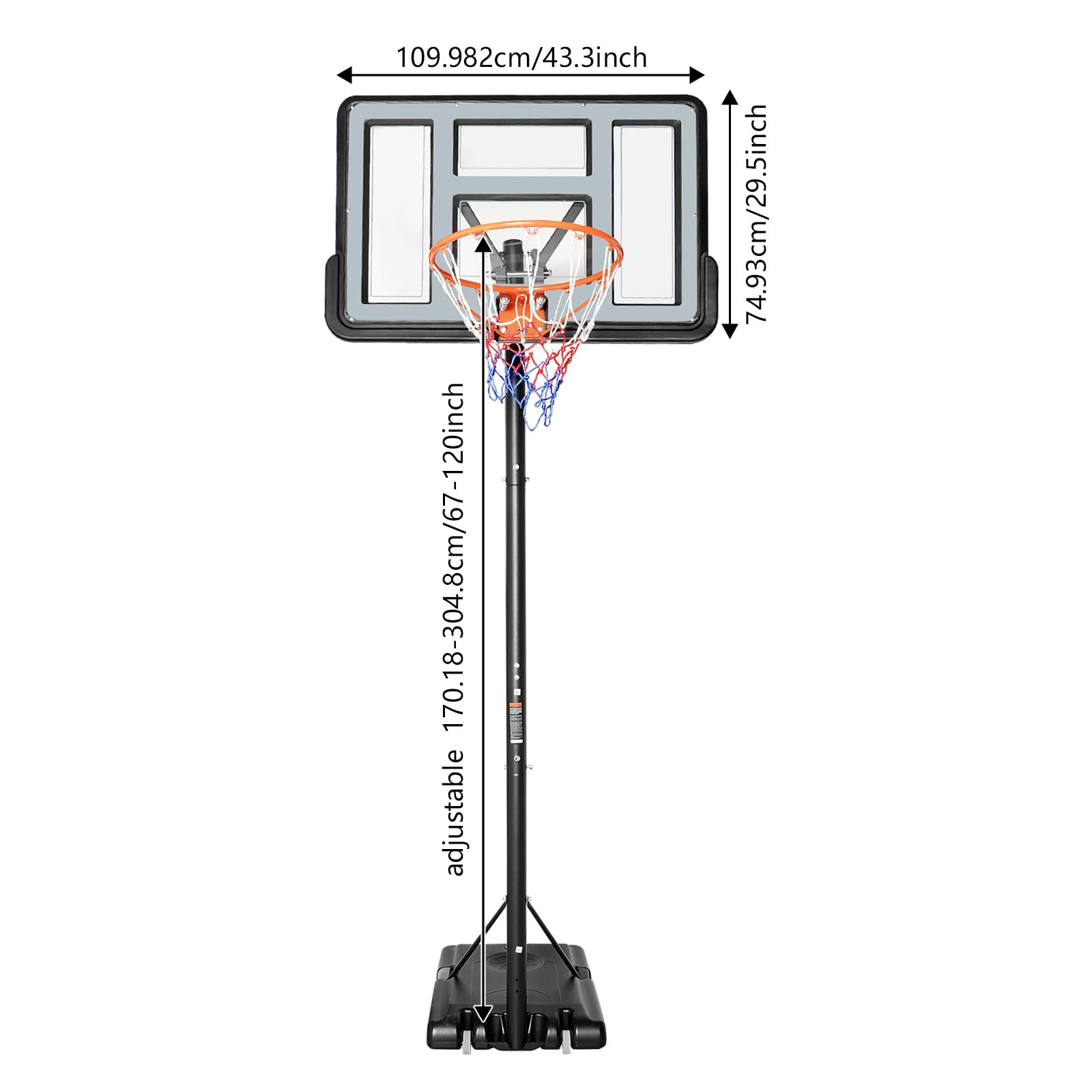 Canasta de baloncesto al aire libre, altura ajustable, soporte para canasta de baloncesto para exteriores, 1,7 – 3,05 m, cesta móvil con ruedas, base estable rellenable, para jardín, patio, parque