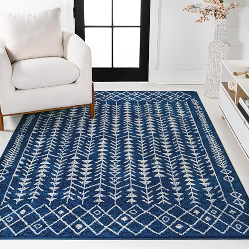 JONATHAN Y Ziri MOH210D-8 - Alfombra marroquí geométrica para interiores, 8 x 10 pies, bohemia, escandinava, fácil de limpiar, para sala de estar, dormitorio, cocina, no desprende pelusas, color azul