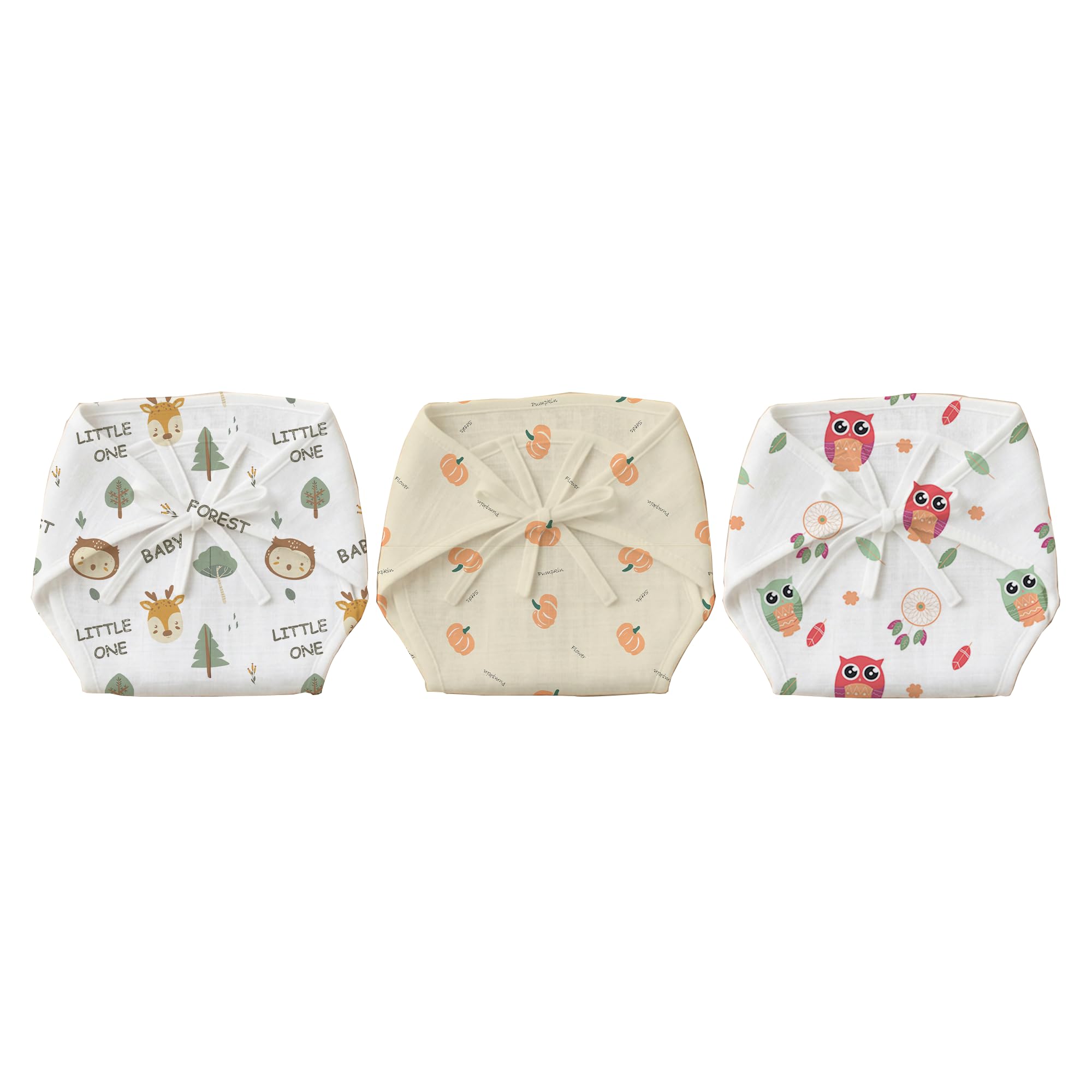 Mookoo Organic Cotton Muslin Langot for Newborn Baby 0-3 Months – Soft Reusable Cloth Nappies for Boys & Girls | Breathable Diaper-Free Nappy | 6-Pack | Bat-Pumpkin-Owl Design |-image-10