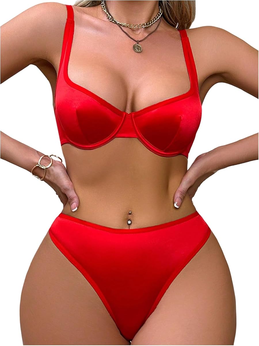 SweatyRocks Women's 2 Piece Satin Lingerie Set Sexy Silk Bra and Panty Sets | Push Up, Underwire, Mid Rise, Date Nights, Wedding Nights, Valentine'S Day, Honeymoon