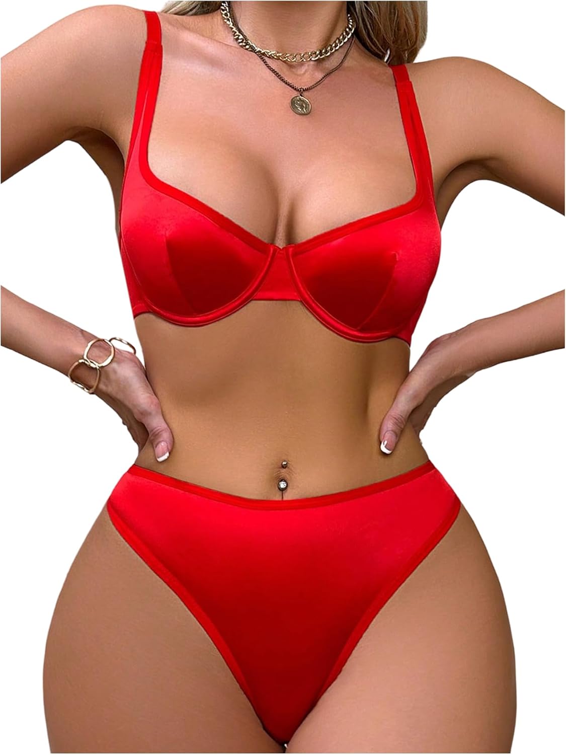 SweatyRocks Women's 2 Piece Satin Lingerie Sets Sexy Silk Underwire Push Up Bra and Panty Sets