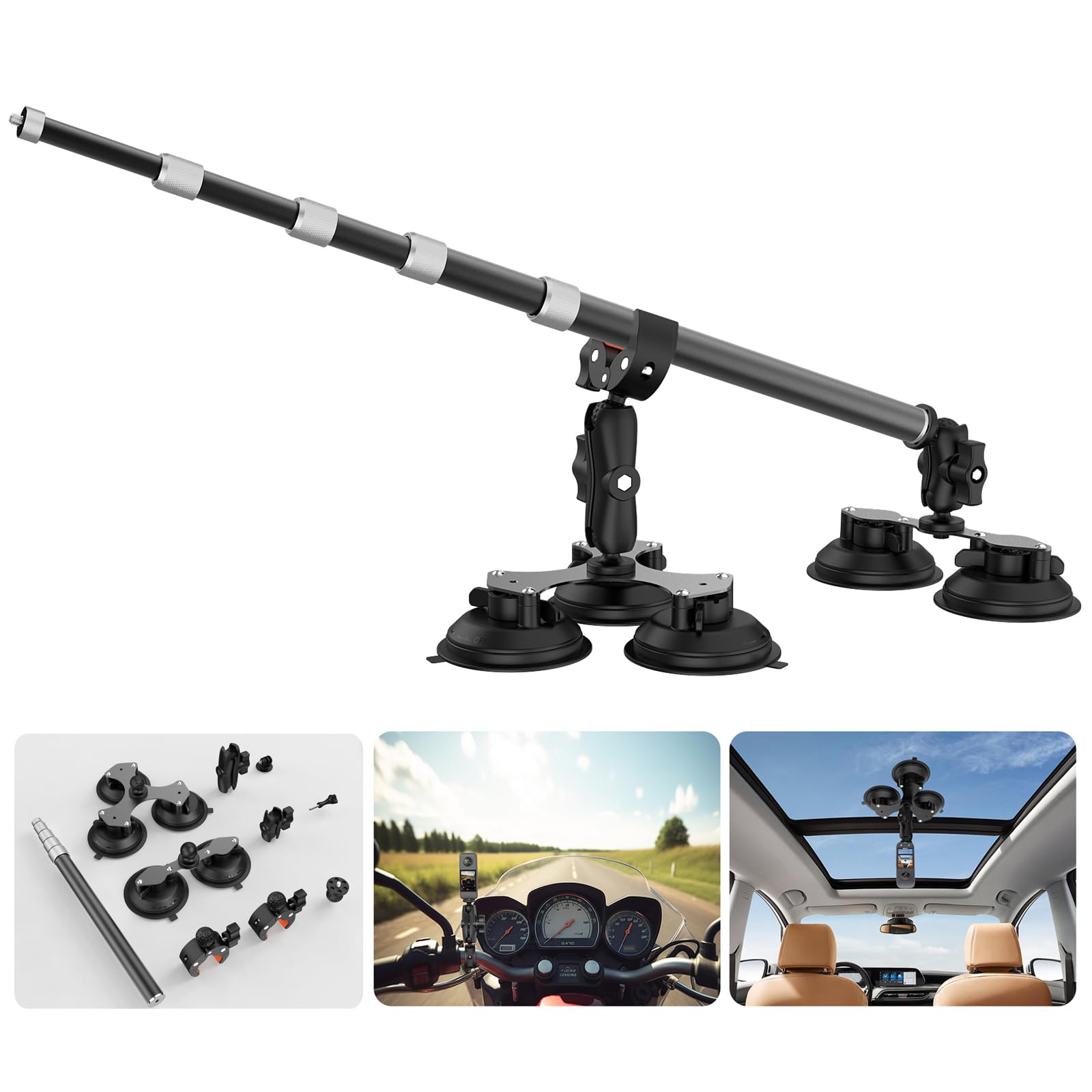UNSTINCER 5 Ventosa Auto Supporto e Morsetti per Action Cam, 360° Rotativo | met 119 cm Selfie Stick, 1/4" Vite, Camera Attacco per Gopro Insta360 DJI, Car Cruscotto Parabrezza Vetro Tetto Porta Staffa