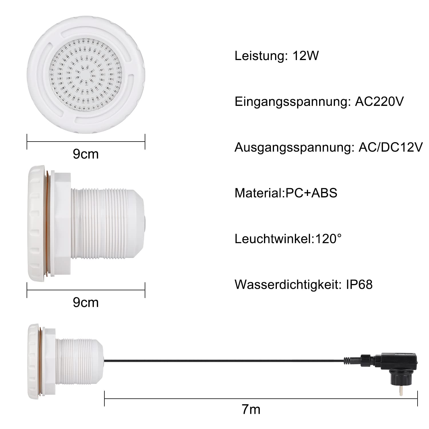LED Poolbeleuchtung für Aufstellpool, 12W RGB Dimmbar Farbwechselnde Kompatibel mit Fernbedienung,Schwimmbad Licht,für Stahlrahmen & Stahlwandpool,IP68 Wasserdicht 7m Kabel,12V