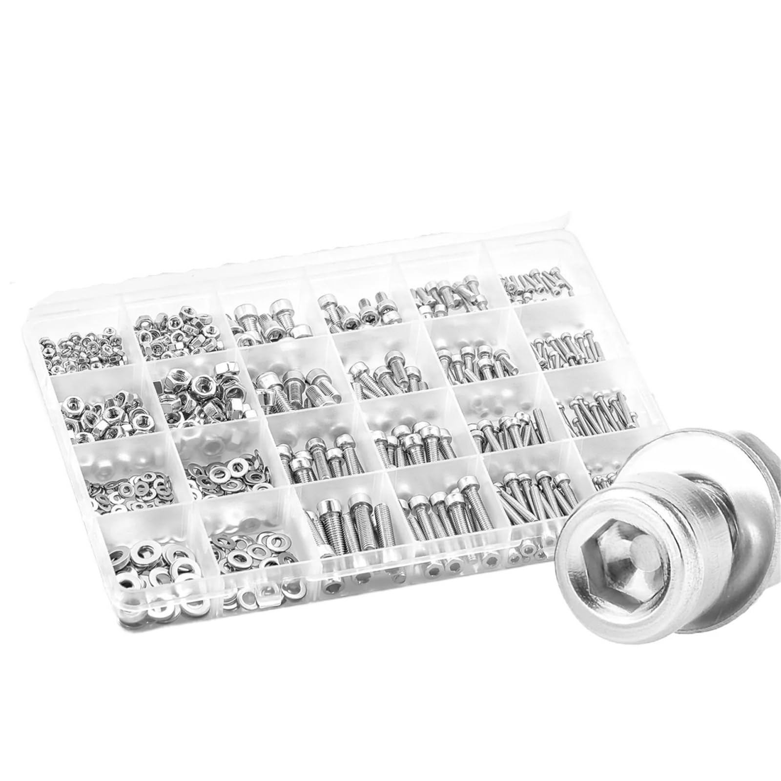 Juego de tornillos y pernos Surtido de 880 pernos métricos M2 M3 M4 M5, tornillos acero inoxidable, tuercas y arandelas 8 mm a 20, tornillo máquina cabeza hueca hexagonal, color plateado