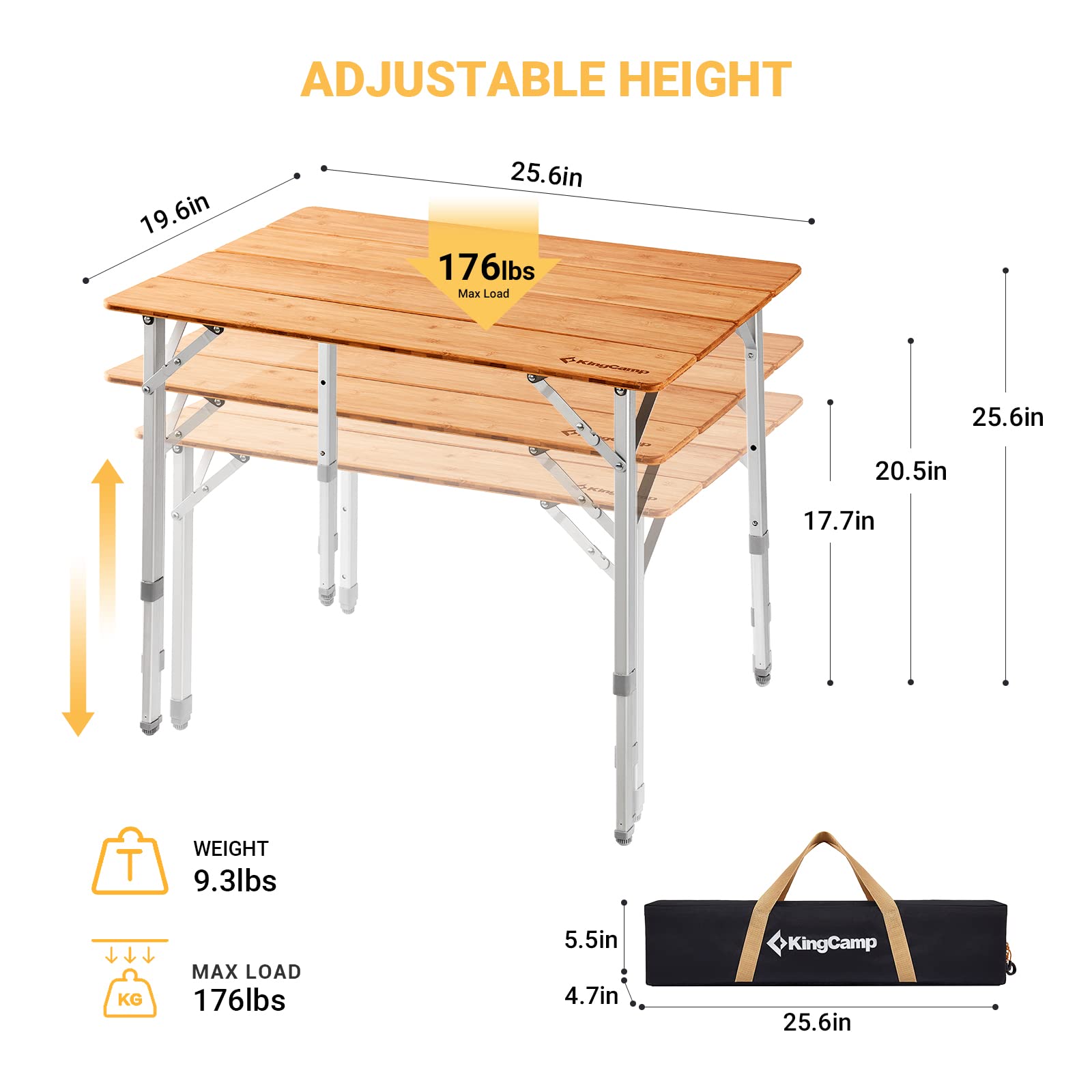 KingCamp Bamboo Folding Adjustable Aluminum Frame Carry Bag Height Lightweight Portable Camping Table for Outdoor Hiking Picnic, 25.6x19.6x17.7/20.5/25.6in, Yellow_25.6"x19.6" Upgrade