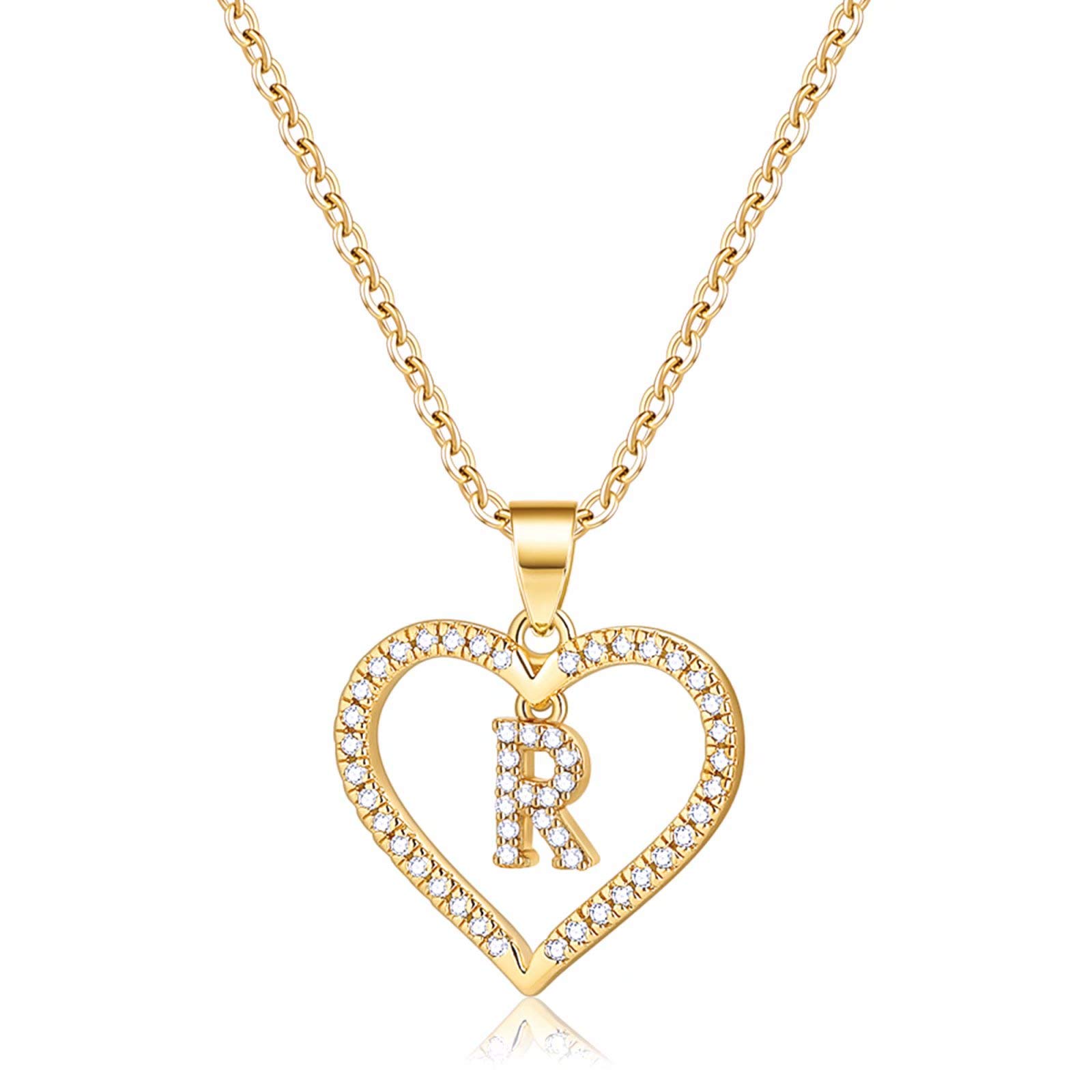 IEFSHINYInitials Letter Necklace for Women Girls, 14k Gold Filled Initial Letter Plated Charm Necklaces CZ Pendant Love Heart Alphabet Necklace for Women Teen Girls, Metal