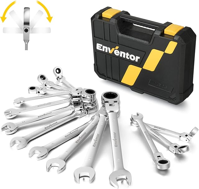 Enventor 14PCS Flex-Head Ratchet Spanner Set - Metric, 6mm to 19mm Ratcheting Combination Wrench Set with Carry Case, Chrome Vanadium Steel - 72-Teeth, 5° Swing Arc