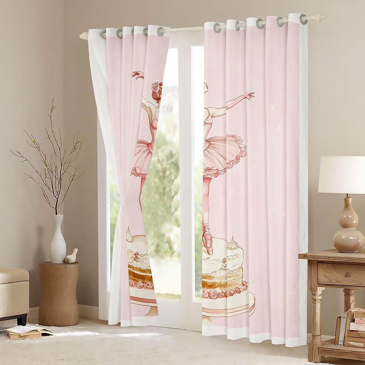 Ballet Girls Window Curtain,Cartoon Cake Pattern Curtains for Kids Girls Boys Teens Room Decor,Pink Sweet Dessert Window Treatment Curtain Romantic Lovely Soft Window Drapes,2 Panels,38Wx45L