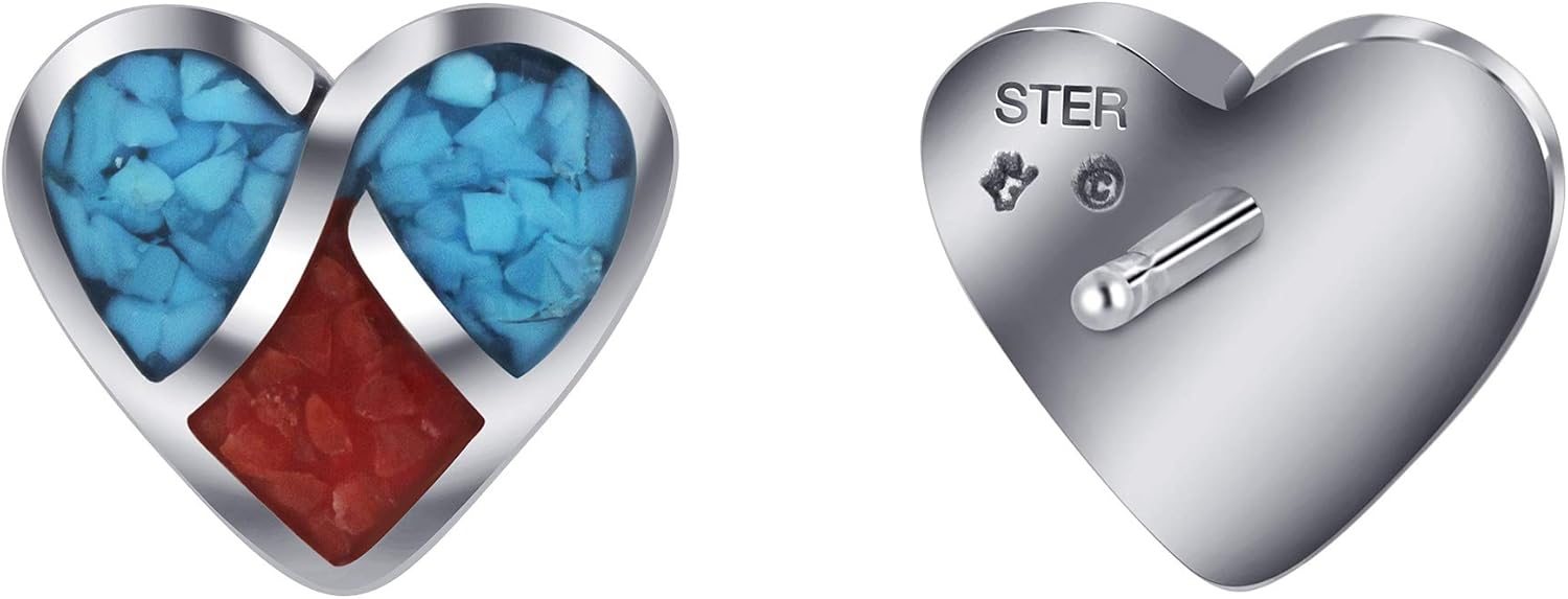 Heart Design Turquoise and Coral Gemstone Inlay Stud 925 Sterling Silver Earrings for Women