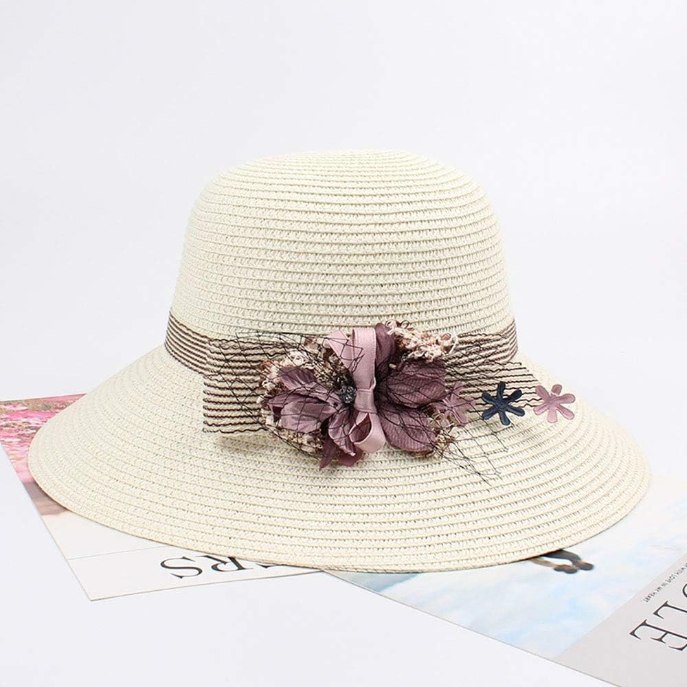 女性の夏の日よけ帽 女性夏ワイドブリムビーチサンハットエレガントなフラワーキャップ レディース 旅行 (色 : 白, Size :