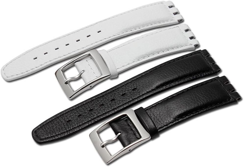 Swatch Litchi Grain Cow Leather Stainless Steel Buckle Watch Band Strap with Tool Watch Width 17mm Replacement for Men's Swatch