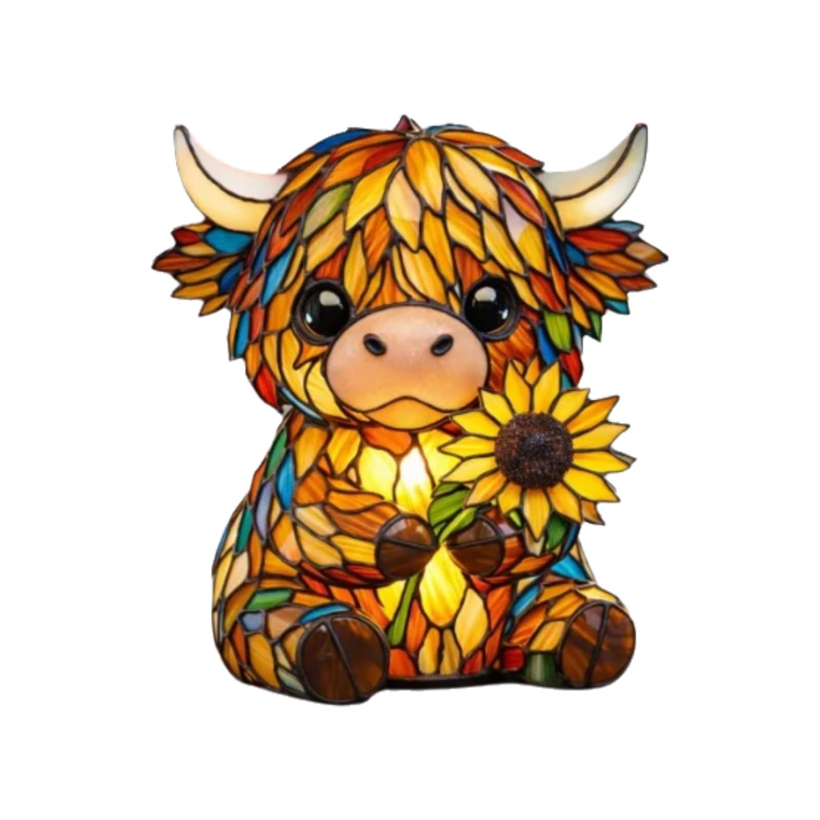 Highland Cow Stained Glass Style Resin Table Lamp, Vintage LED Night Light with USB, for Cow Lovers, Warm Glow, Sunflower Design, 15cm (Yellow)