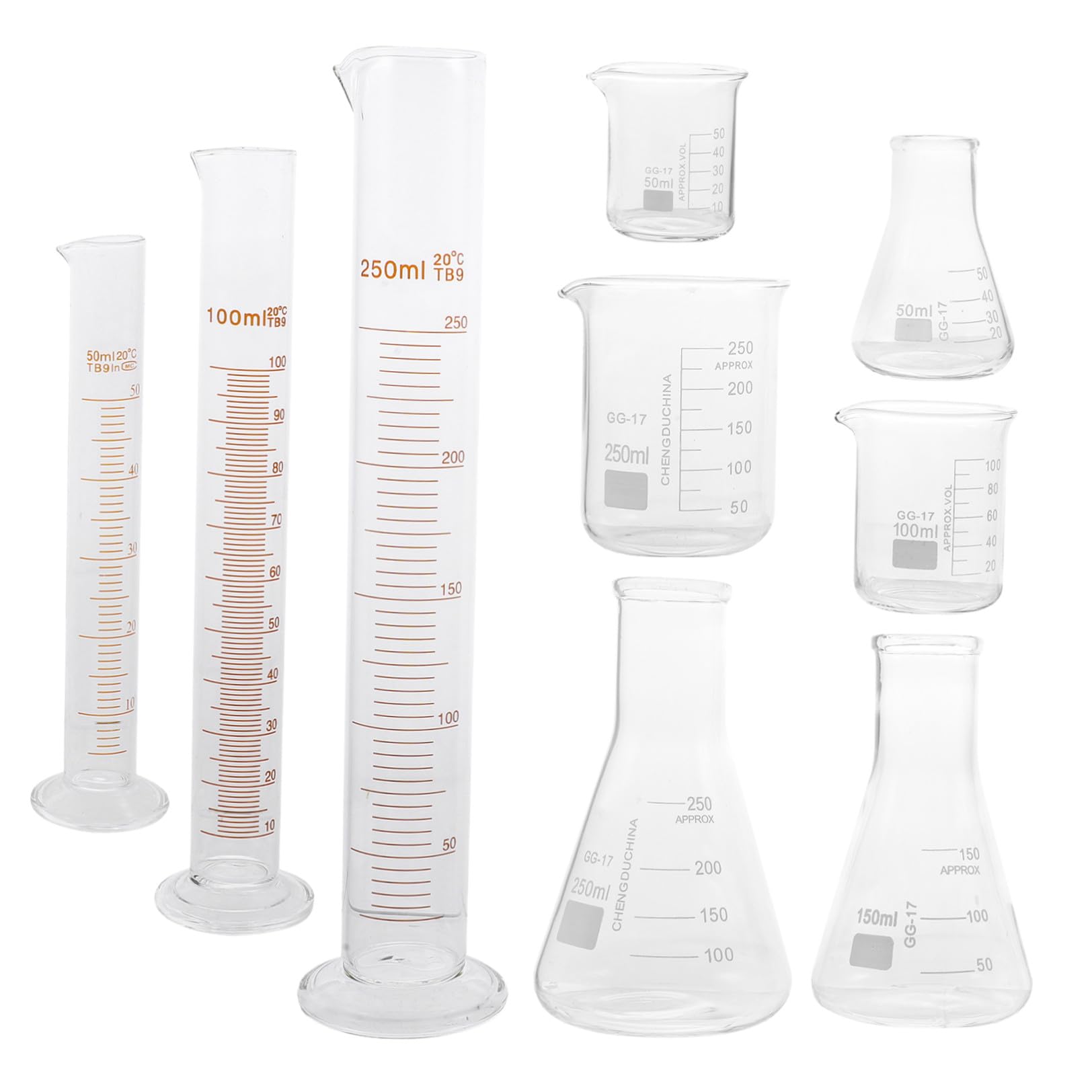 9pezzi Vetreria da Laboratorio in Vetro Premium Becher Cilindri Graduati e Fiasche Coniche Resistenti Capacità con Scala Chiara per Misurazioni Accurate in Scienza e Cucina