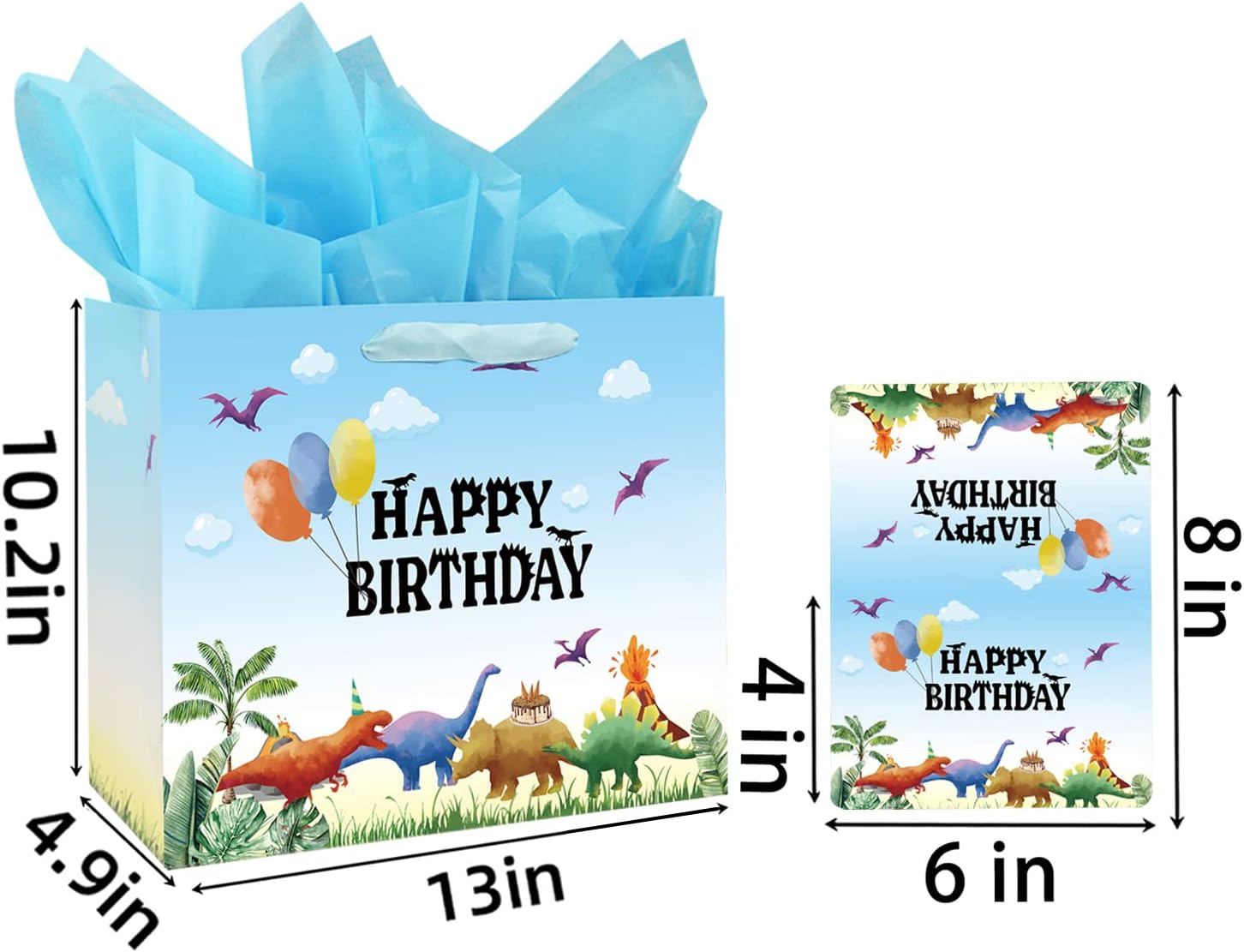 13" Large Watercolor Dinosaur Birthday Gift Bag for Boy Kids with Card and Tissue Papers (13" Blue)