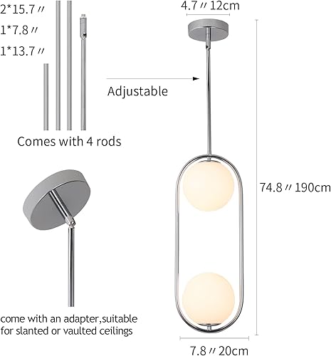 Miniatura 2 de SeeU Lámpara colgante cromada de mediados de siglo, lámpara colgante colgante con pantalla de vidrio blanco globo lámpara colgante para cocina, isla