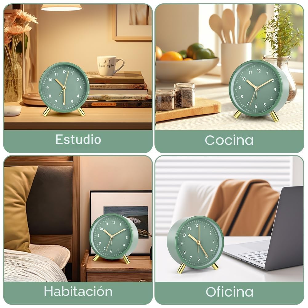 HOTUT Reloj Despertador de Metal Redondo de Moda, Reloj Despertador Redondo Minimalista de Metal, Analógico Silencios, Moderno de mesita de Noche, sin Tictac