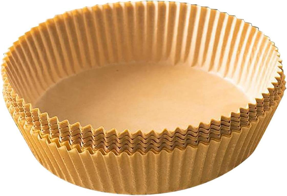 Busy shop Air Fryer Disposable Paper Liner, 100 pcs Non-Stick Liners with Heat Resistant Clamp, Round, Grease and Water Proof Basket for Baking Cooking, Roasting Microwave, Brown, 16x4.5 cm