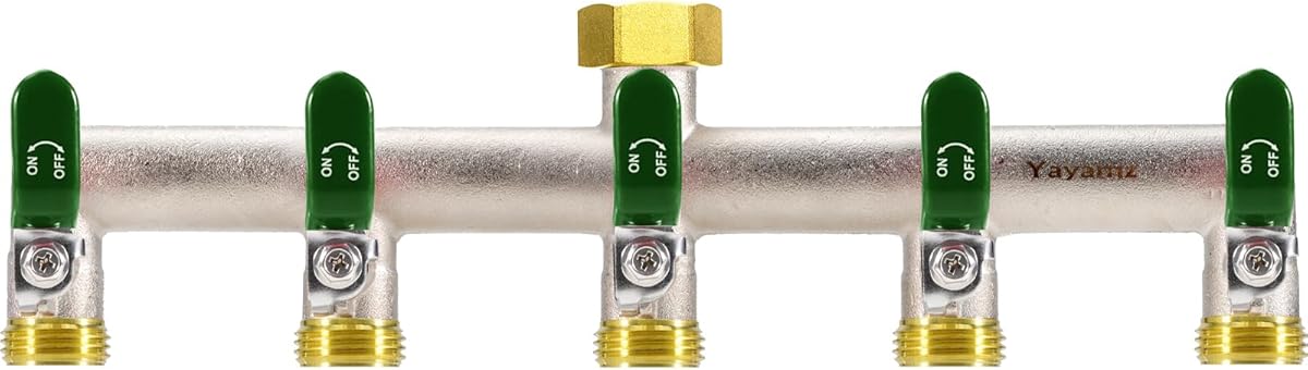 5 Way Garden Hose Splitter, Heavy Duty Brass Nickel Plated Rust Resistant Faucet Manifold, 3/4" Frost Resistant Outdoor Hose Adapter Connector，Hose Spigot Adapter with 5 large Green handles