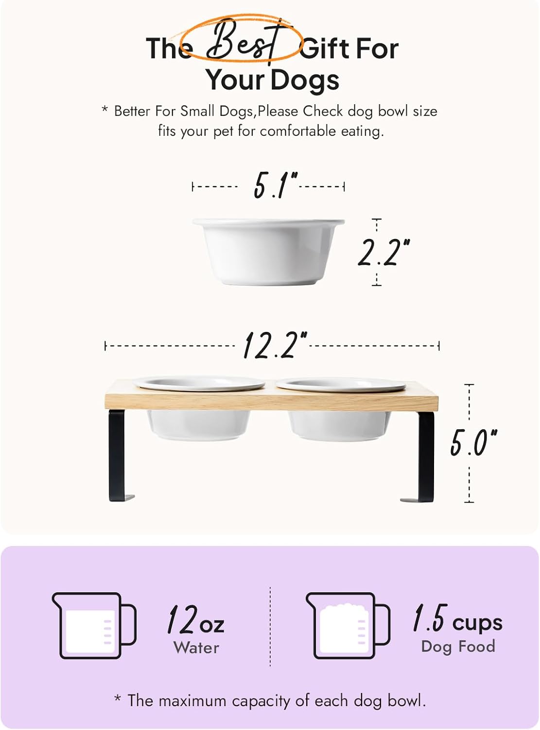Elevated Dog Bowls, Raised Dog Bowl Stand with Two 5.1 inch Ceramic Bowls, Non-Slip Cat Food and Water Dish for Small and Medium Breed, White - Image 4