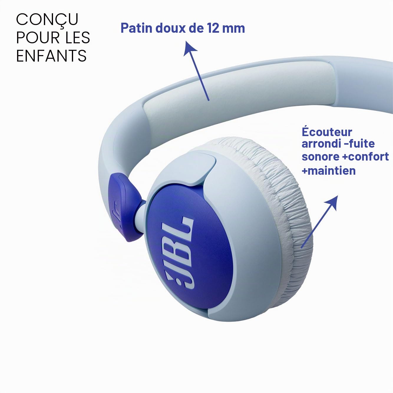 JBL Junior 320, Casque Supra-auriculaire Filaire pour Enfants, avec Microphone intégré, Safe Sound, Volume jusqu'à 85 DB, Coussinets Confortables, Set d'autocollants, Design Pliable, Bleu