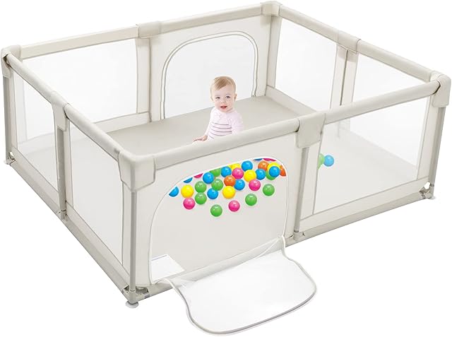 COSTWAY Baby Playpen, Large Infant Fence Activity Center with Breathable Mesh and Zipper Doors, Toddler Safety Playard for Indoor & Outdoor (Beige)