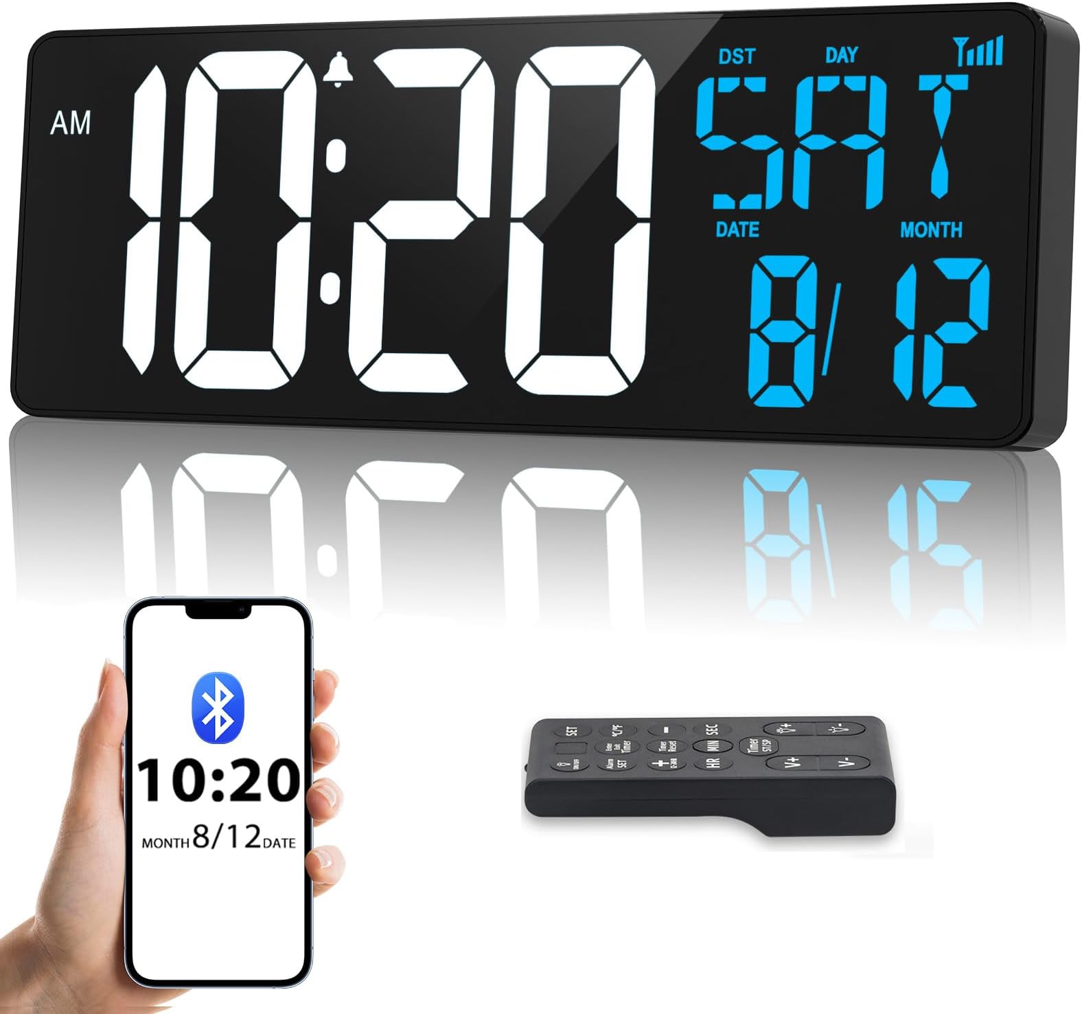 17" Large Digital Wall Clock with Bluetooth Sync, Remote Control, Alarm Big LED, Auto DST Temperature for Classroom Bedroom Garage Gym