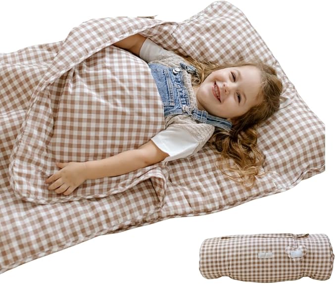 Organic Cotton Toddler Nap Mat with Removable Pillow and Attached Blanket, Portable Daycare and Preschool Rest Mat, Machine Washable