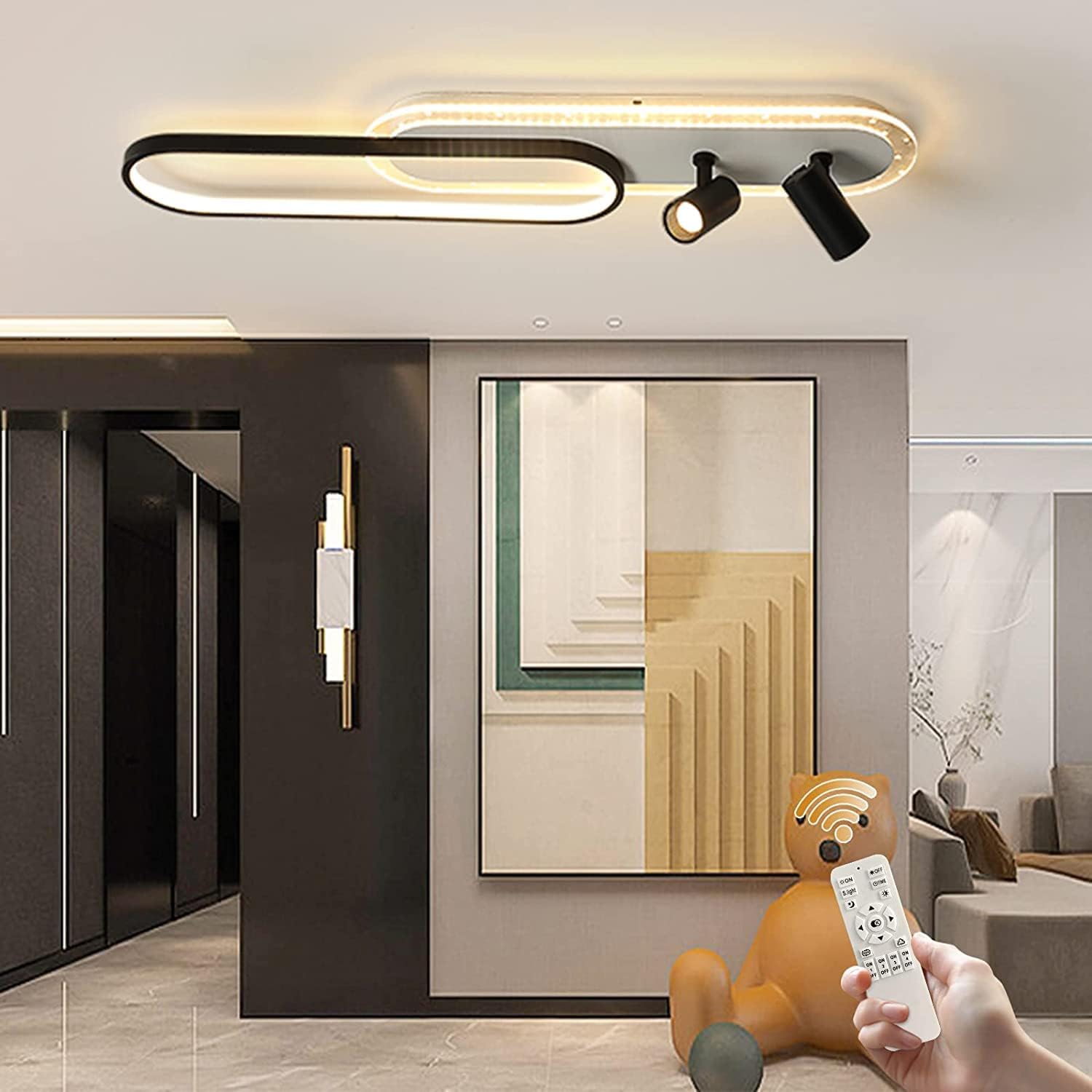Ganeed Modern LED Ceiling Lamp Linear Ceiling Light Fixture 45W Dimmable Acrylic Flush Mount Chandelier 90CM Ceiling Lighting for Kitchen Dining Room Bedroom Corridor (Black + White, With Spotlights)