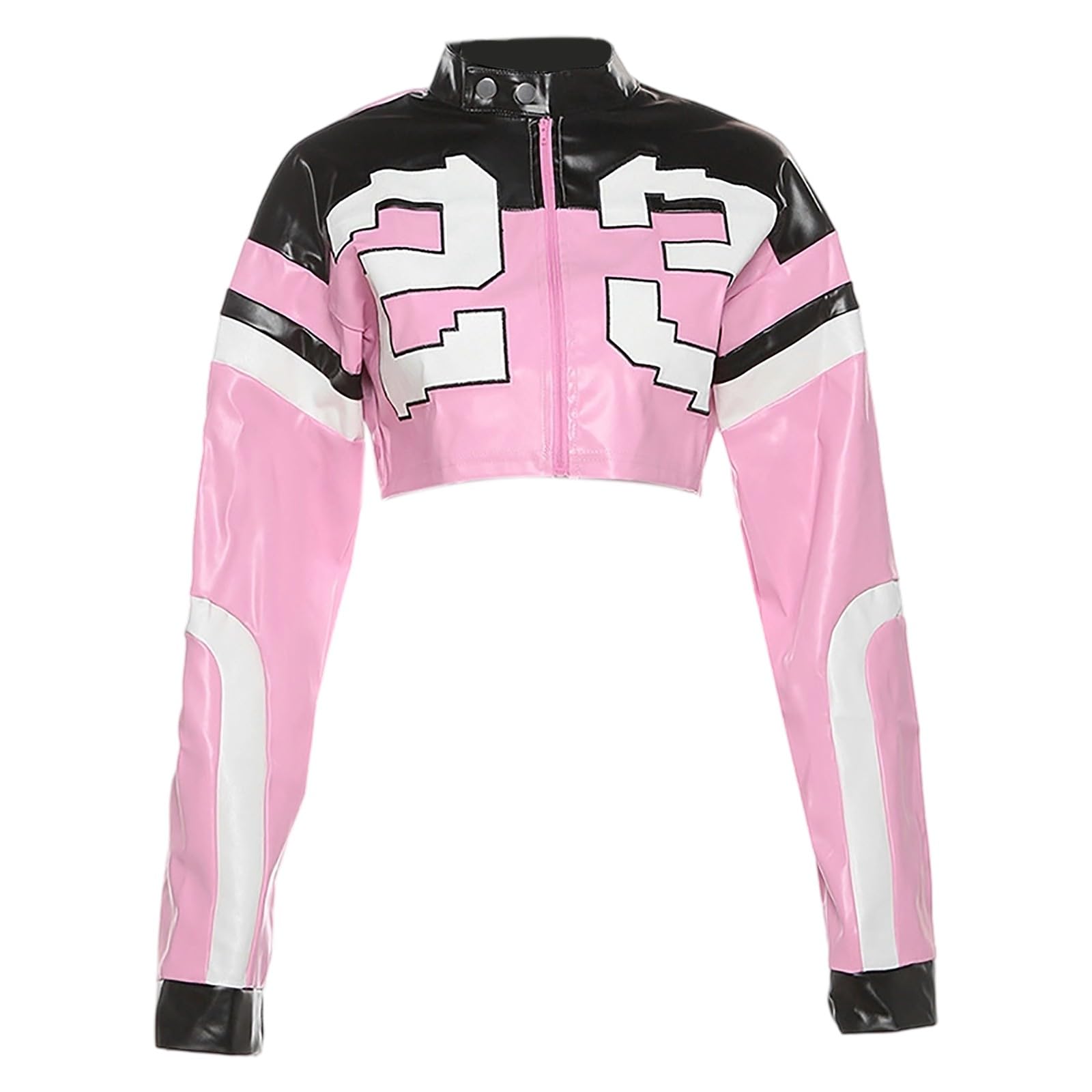 Lederjacke Damen Cropped Jacke Lässig Motorradjacke mit Reißverschluss Stehkragen Bikerjacke Y2K Brief Bomberjacke Kunstlederjacke Gothic Punk Jacke Übergangsjacke Streetwear