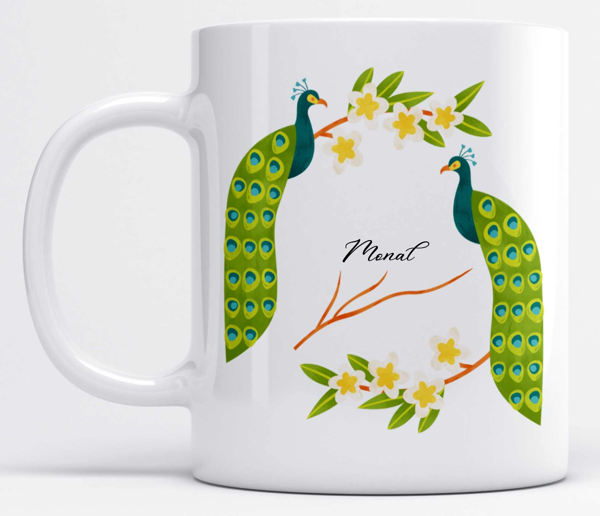 LOROFY Name Monal Beautiful Peacock Printed White Ceramic Coffee Mug (350ML)