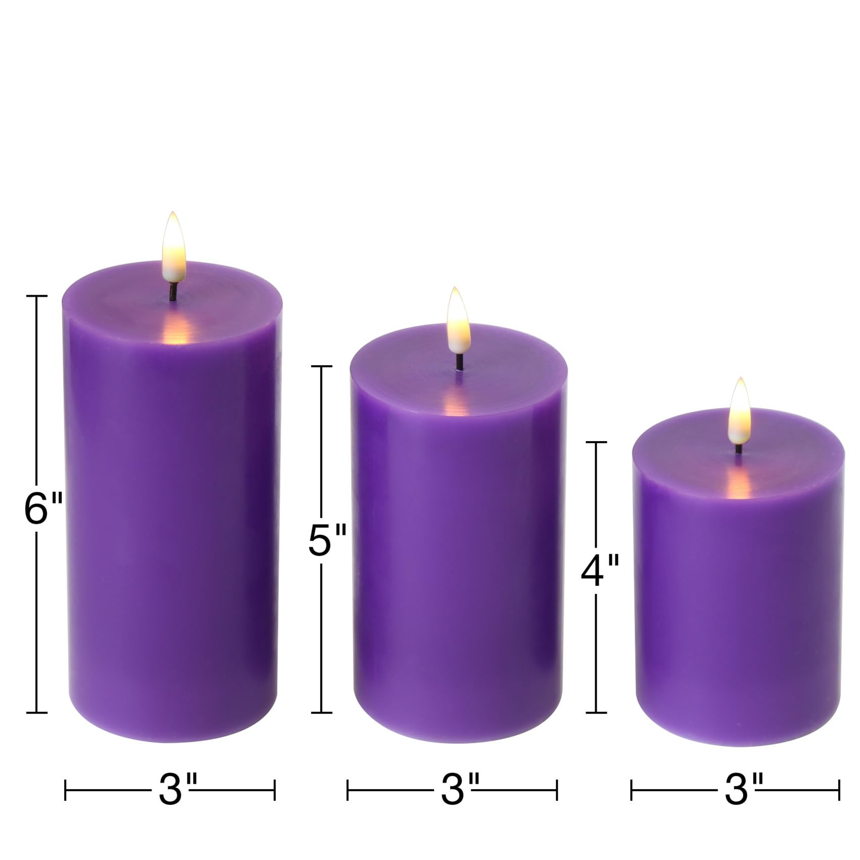 Velas de pilar sin llama púrpura con control remoto, velas LED parpadeantes de cera real que funcionan con pilas Φ 3 pulgadas de alto 4 pulgadas 5 pulgadas 6 pulgadas