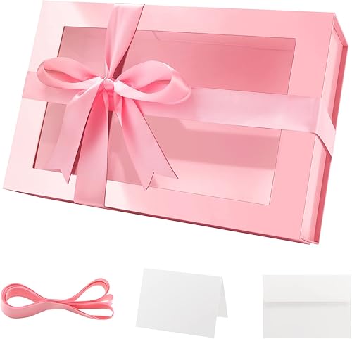 PACKQUEEN Caja de regalo grande rosa con ventana, 13.5x9x4.1 pulgadas, caja de regalo transparente para el Día de la Madre con cinta, tarjeta