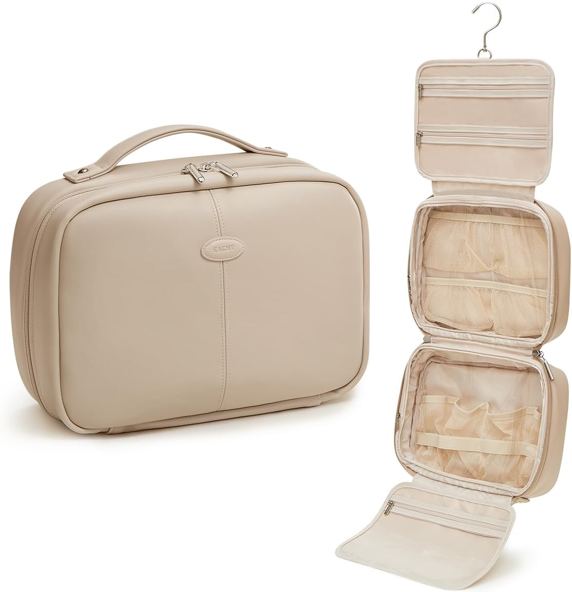 EACHY Toiletry Bag with Hanging Hook, Travel Makeup Bag PU Leather Cosmetic Bags for Women Make Up Organizer with 4 Compartments Waterproof Full-Size Portable Travel Essentials (Trench,Pro)