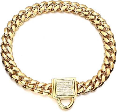 Miniatura 4 de Collar de cadena de oro para perro, 0.394 pulgadas de ancho, eslabones cubanos para cachorros, acero inoxidable 316L con bloqueo de diamante de