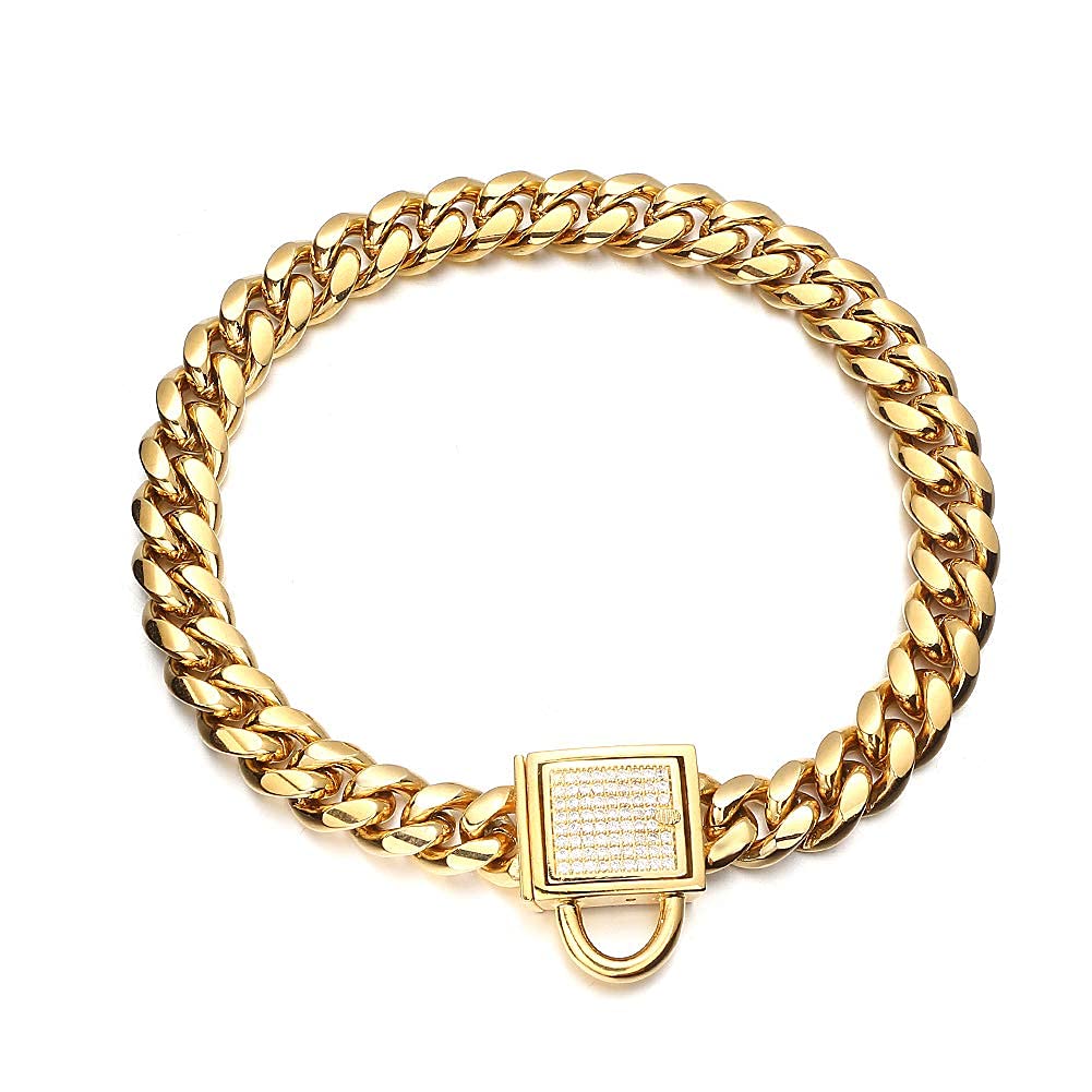 Collar de cadena dorado para perro, 10 mm de ancho, eslabones cubanos, collar para cachorros, acero inoxidable 316L con circonita cúbica y cierre de diamante, collar brillante para perros grandes (10