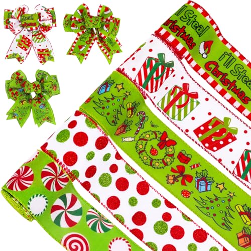 Whaline 5 Rolls Christmas Wired Edge Ribbons 2.5 in 30 Yards Xmas Funny Cartoon Character Craft Ribbon Red Green Glitter Dot Candy Fabric Wrapping Ribbon for Bow Wreath Holiday Home Decor