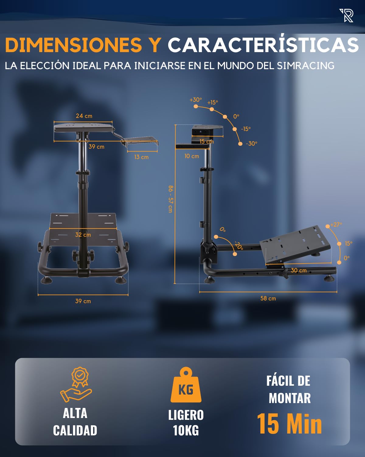 Soporte De Volante Gaming Ajustable De Acero Negro con Estabilidad Mejorada, Compatibilidad Amplia, Palanca De Cambios Extraíble Y Diseño Plegable Portátil