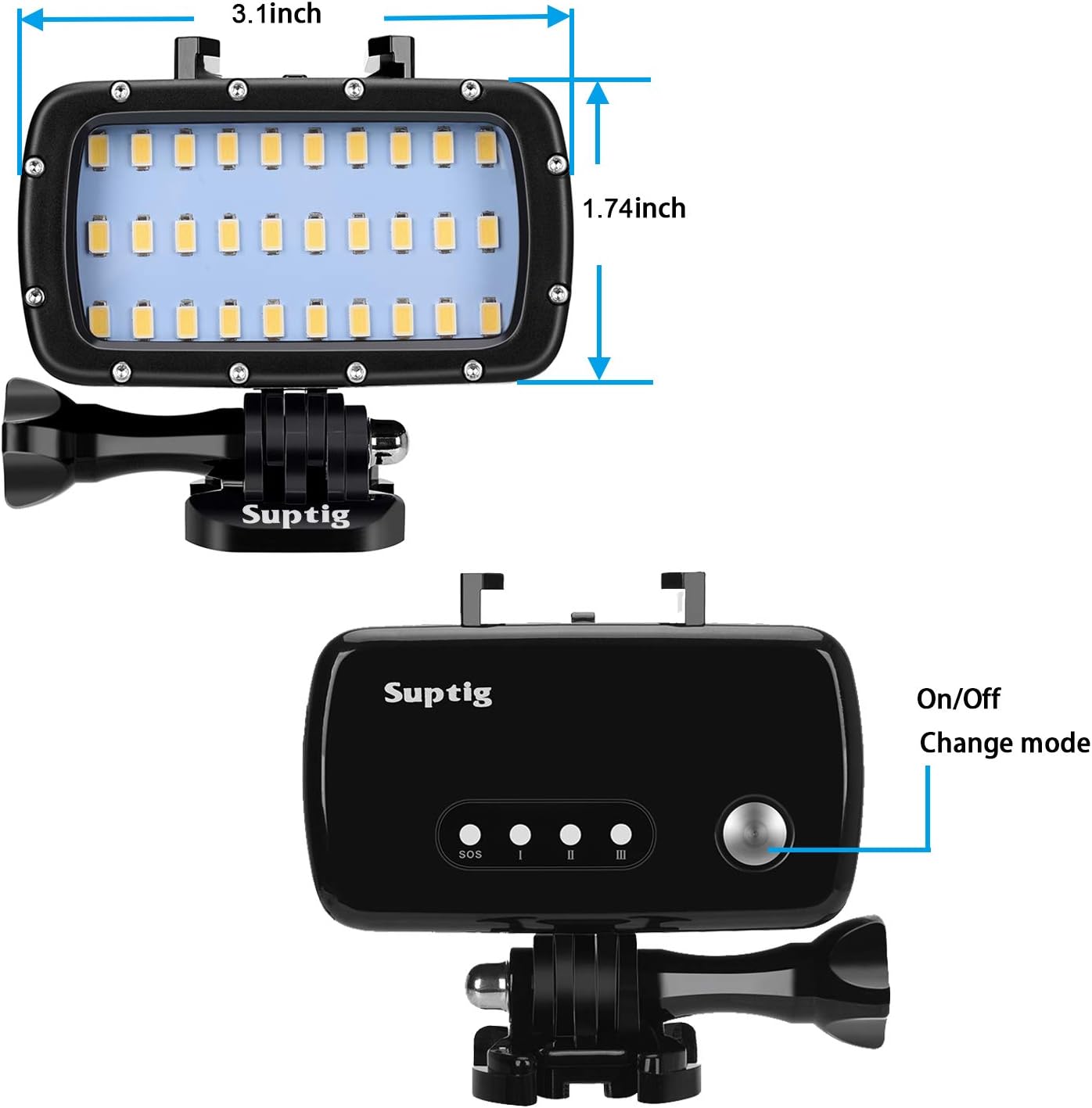 Suptig Waterproof Light Underwater Light Diving Light for Gopro Hero 13 Hero 12 11 10 9 8 7 6 5 4 3 2 DJI Osmo Akaso Insta 360 Canon Nikon Sony Olympus SLR Camera Waterproof 180 Ft (55m)