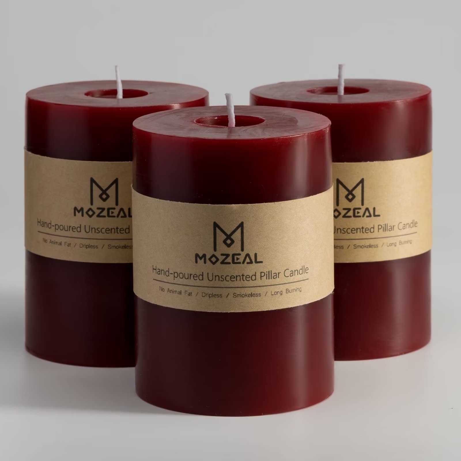 MOZEAL 3" x 4" Hand-Poured Unscented Candle,Dripless Pillar Candle Set of 3,Long Clean Burning,Approx 72 Hours Burn Time,Rustic Country Style,Wedding,