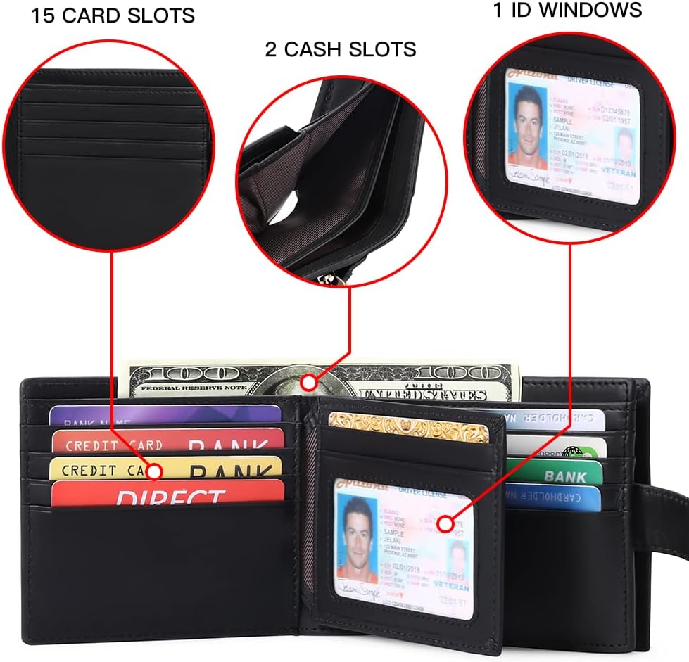 GOIACII Mens Wallet Large Capacity Genuine Leather RFID Blocking Bifold Wallets for Men with ID Window and 15 Card Slots